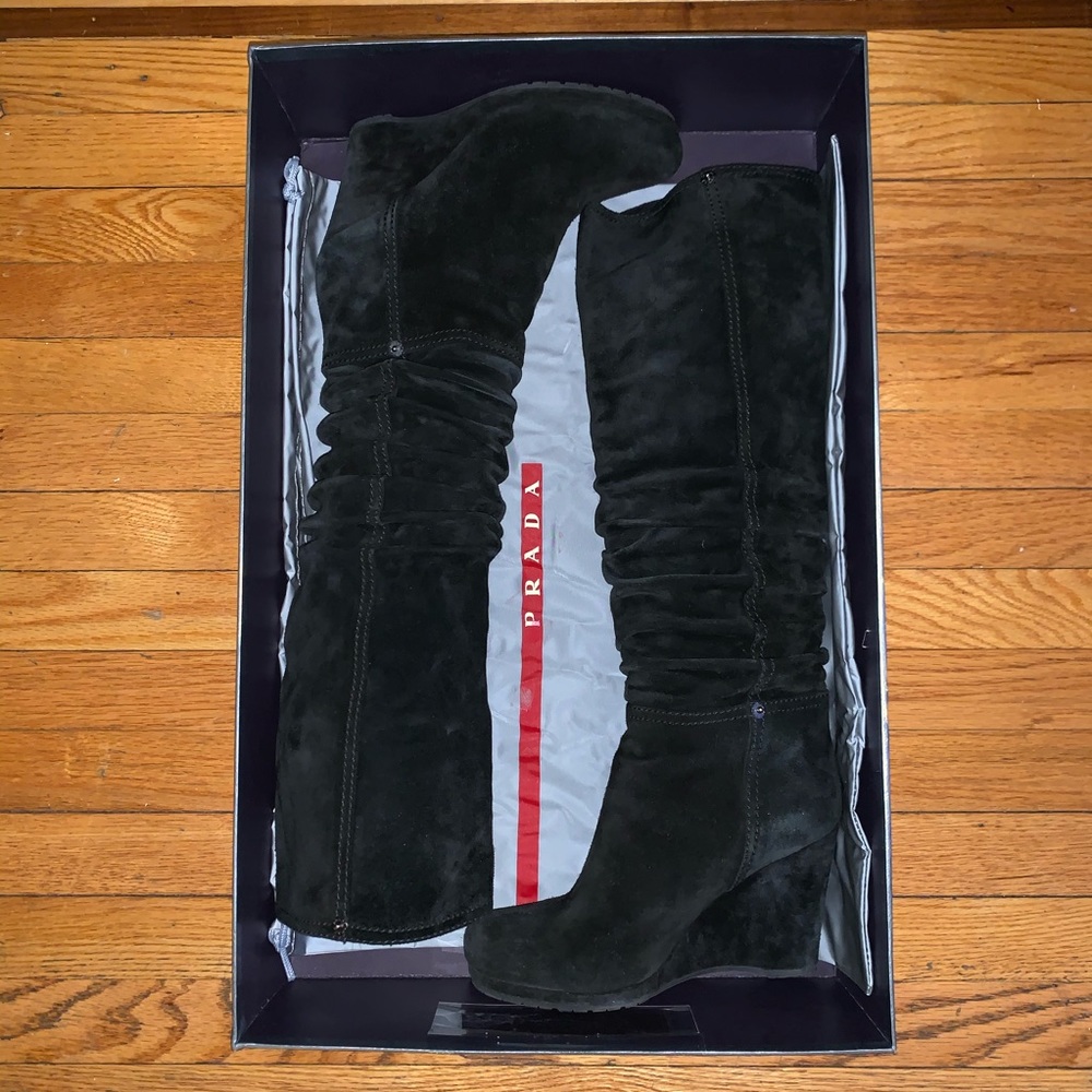 Prada Milano Black Suede Slouch Wedge Boots 37.5